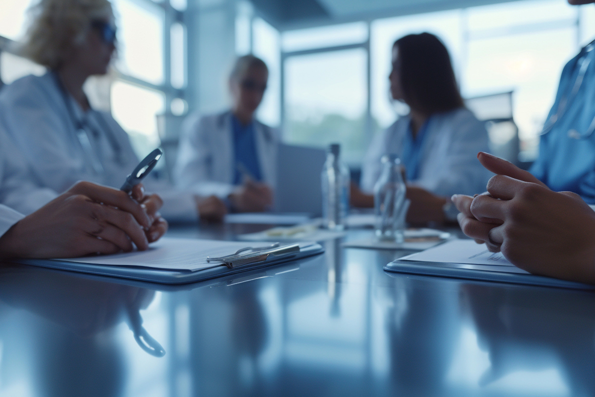 Medical team seated around a conference table during a treatment planning meeting.